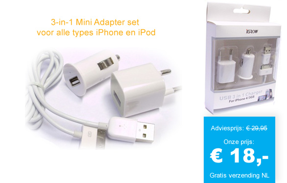 123 Dagaanbieding - 3-In-1 Mini Adapter Set - Alle Types Iphone En Ipod
