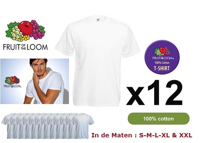 1 Day Fly - 12 X Fruit Of The Loom T-shirts 100% Katoen Met Ronde Hals