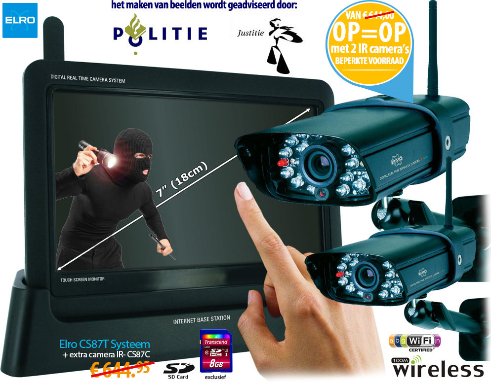 Click to Buy - 1x ELRO CS87T 4Ch Digitale DVR-Beveiliging Met 7inch touchscreen (+ 2 Camera's)