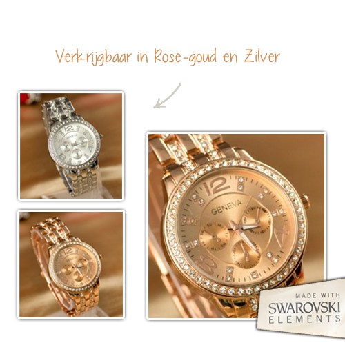 Day Dealers - Altijd bij de tijd met een uniek Geneva horloge met Swarovski Elements - Rose Goud en Zilver!