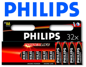 Gave Aktie - 32 Pak Philips Alkaline Powerlife Lr6 Aa Batterijen