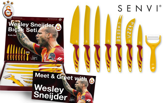 Group Actie - 8 Delige Messenset In Galatasaray Kleuren Met Wesley Sneijder Handtekening Op=op