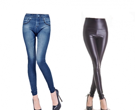 Groupdeal - Set van twee leather look of jeans look leggings