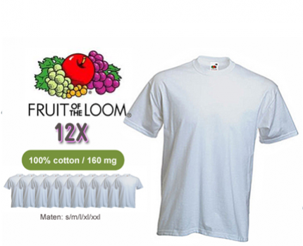 Groupdeal - Twaalf t shirts! Witte basic t shirts in alle maten van Fruit of the Loom! Goede kwaliteit shirts die overal bij passen.
