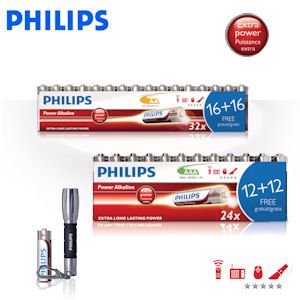 iBood - Combopack Philips PowerLife Alkaline batterijen: 32 x AA en 24 x AAA met LED lamp sleutelhanger!