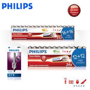 iBood - Combopack Philips PowerLife Alkaline batterijen: 32 x AA en 24 x AAA + slanke aluminium Penlight LED!