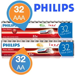 iBood - Combopack Philips PowerLife Alkaline batterijen: 32 x AA en 32 x AAA