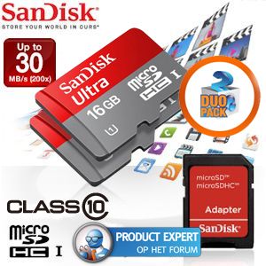 iBood - Duopack SanDisk 16GB Mobile Ultra MicroSDHC, Class 10, 30MB/s UHS-I