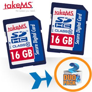 iBood - Duopack TakeMS SDHC Class 10 Flash geheugenkaarten met 16GB capaciteit en 10 MB/s data transfer!