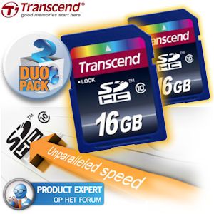 iBood - Duopack Transcend 16GB Ultimate SDHC Class 10 kaarten, ultra snelle opslag voor je hoge-resolutie digitale meesterwerken!