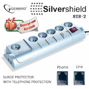 iBood - Gembird SIS-2 Silvershield stekkerdoos met telefoon bescherming en metalen coating