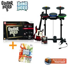iBood - Guitar Hero 5 Superbundel met Gitaar, Drum en Microfoon en extra Band Hero game voor Wii