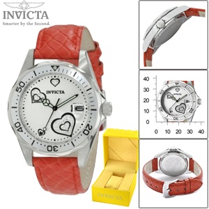 iBood - Invicta Women's 12402 Pro Diver Silver Heart Dial Rood Leren Horloge