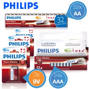 iBood - Philips Alkaline batterijenbundel met 24x AAA, 32x AA en 3x 9V