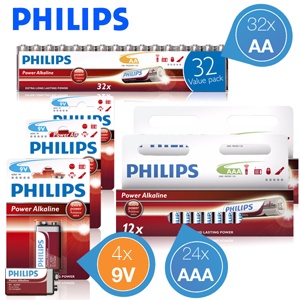iBood - Philips Alkaline batterijenbundel met 24x AAA, 32x AA en 4x 9V