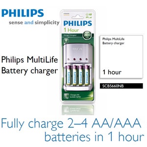 iBood - Philips MultiLife Batterijoplader - 2 tot 4 AA/AAA batterijen opladen in 1 uur (incl. 4 AA batterijen)