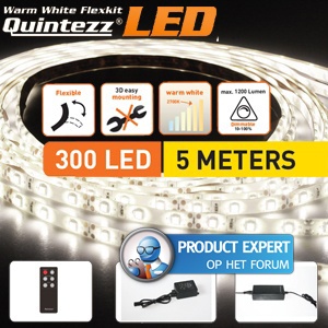 iBood - Quintezz 5 meter flexibele LED strip Set, warm wit. Dimbaar & met afstandsbediening en 230V adapter