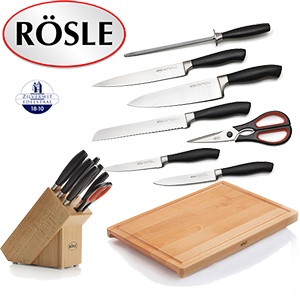 iBood - Rösle 9 delige keukenset; met vlijmscherpe gesmede messen, schaar, aanzetstaal en snijplank