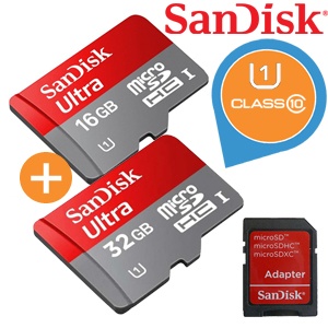 iBood - Sandisk Combipack microSDHC kaarten 16GB + 32GB class 10/U1 met adapter