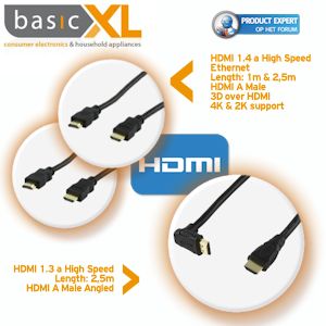 iBood - Set van 3 HDMI kabels: 2x HDMI 1.4a (1&2,5m) en 1x HDMI 1.3a (2,5m) met haakse aansluiting, 5 jaar garantie