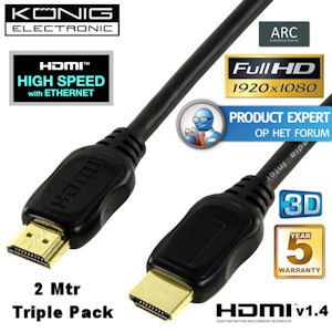 iBood - Set van 3 König HDMI 1.4 High Speed kabels met vergulde connectors en Ethernet, 5 jaar garantie