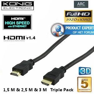 iBood - Set van 3 König HDMI 1.4a High Speed kabels met vergulde connectors en Ethernet, 5 jaar garantie
