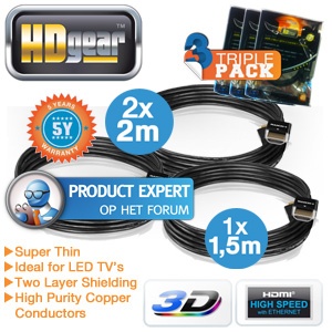 iBood - Triplepack HDGear ultra dunne HDMI 1.4 kabels met 5 jaar garantie (2x 2m + 1x 1,5m)