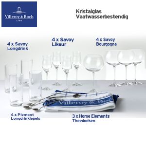 iBood - Villeroy & Boch hoogwaardige set van 12 kristalglazen, 4 luxe longdrinklepels en 3 theedoeken