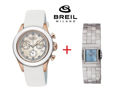 iChica - Wonderschoon Breil Milano Lady Aquamarine horloge met 48 witte diamanten en 23 aquamarijnen, plus gratis Breil Midtown Lady horloge!