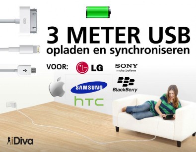 IDiva - 3 meter kabel iPhone, iPad en Samsung