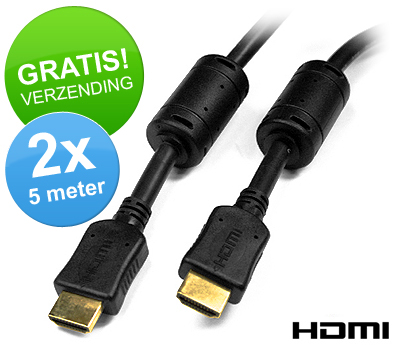 Koopjessite - 2 x HDMI-kabel 5 meter met 2 Ferrit-kernen (Gold plated - HDMI 1.3)