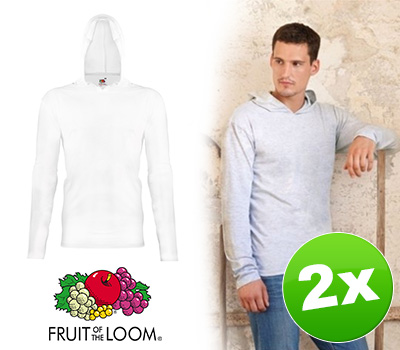 Koopjessite - Duo pack: Fruit Of The Loom Long Sleeved Hooded T-Shirt - Wit