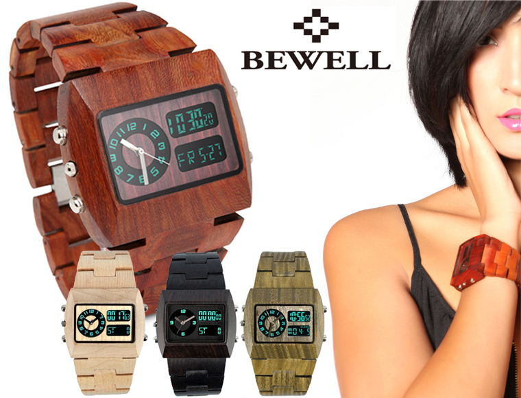 Lifestyle Deal - Bewell Dual Time Echt Houten Digitaal Horloge In 4 Kleuren