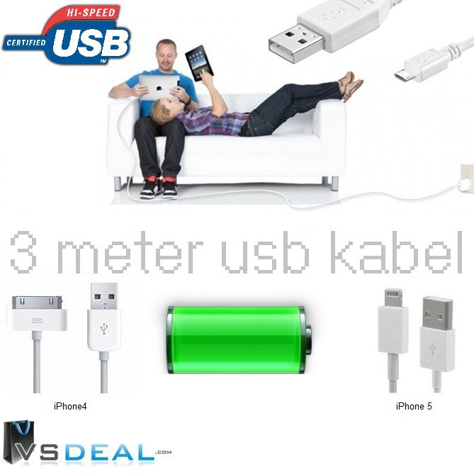 vsdeal.com - Euroknaller 3 meter kabel voor uw Smartphone iPad iPhone enz OP=OP