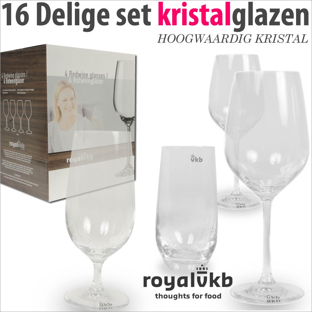 vsdeal.com - RoyalVKB 16 delige set kristalglazen voor rode & witte wijn, fris en bier