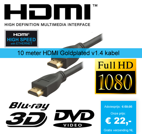 123 Dagaanbieding - 10 Meter Hdmi Goldplated V1.4 Kabel 123 Dagaanbieding - 10 Meter Hdmi Goldplated V1.4 Kabel