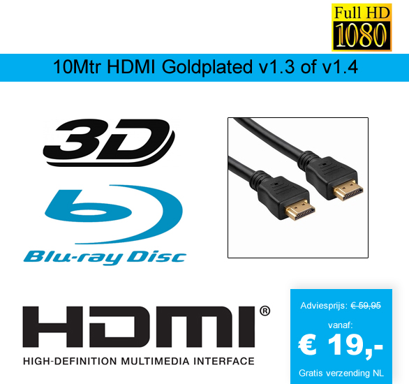 123 Dagaanbieding - 10Mtr Hdmi Goldplated V1.3 Of V1.4 123 Dagaanbieding - 10Mtr Hdmi Goldplated V1.3 Of V1.4
