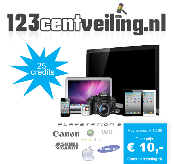 123 Dagaanbieding - 25 Biedcredits Voor 123Centveiling.nl