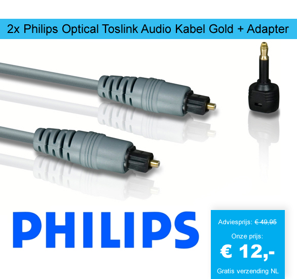 123 Dagaanbieding - 2X Philips Optical Toslink Audio Kabel Gold + Adapter 123 Dagaanbieding - 2X Philips Optical Toslink Audio Kabel Gold + Adapter