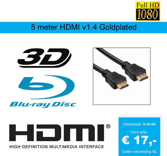 123 Dagaanbieding - 5 Meter Hdmi V1.4 Goldplated 123 Dagaanbieding - 5 Meter Hdmi V1.4 Goldplated