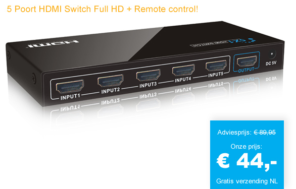 123 Dagaanbieding - 5 Poort Hdmi Switch Full Hd + Remote Control