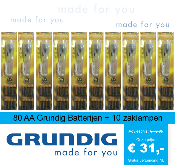 123 Dagaanbieding - 80 Aa Grundig Batterijen + 10 Zaklampen 123 Dagaanbieding - 80 Aa Grundig Batterijen + 10 Zaklampen