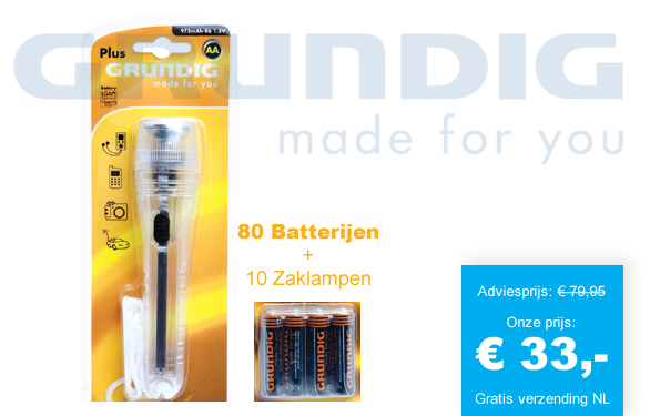123 Dagaanbieding - 80 Grundig Batterijen + 10 Zaklampen 123 Dagaanbieding - 80 Grundig Batterijen + 10 Zaklampen