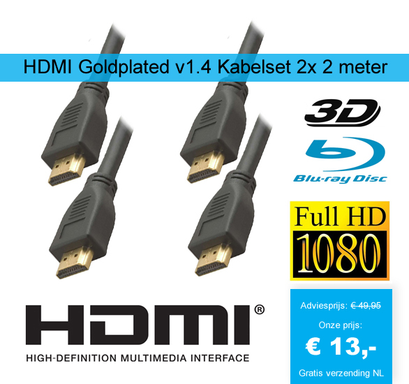 123 Dagaanbieding - Hdmi Goldplated V1.4 Kabelset 2X 2 Meter