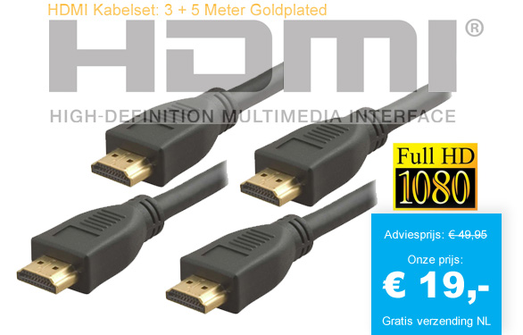 123 Dagaanbieding - Hdmi Kabelset: 3 + 5 Meter Goldplated 123 Dagaanbieding - Hdmi Kabelset: 3 + 5 Meter Goldplated