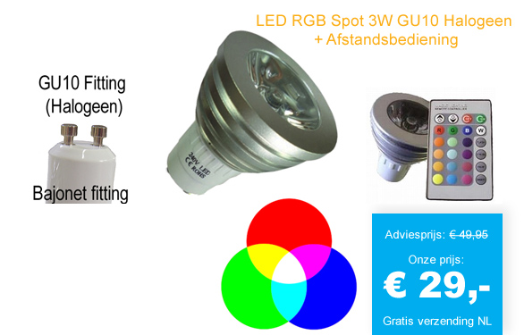 123 Dagaanbieding - Led Rgb Spot 3W Gu10 Halogeen + Afstandsbediening