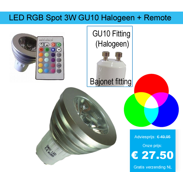 123 Dagaanbieding - Led Rgb Spot 3W Gu10 Halogeen + Remote