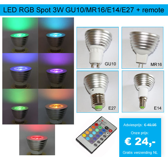 123 Dagaanbieding - Led Rgb Spot 3W Gu10/mr16/e14/e27 + Remote