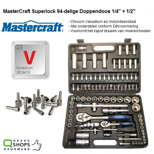 123 Dagaanbieding - Mastercraft Superlock 94-Delige Doppendoos 1/4" + 1/2"