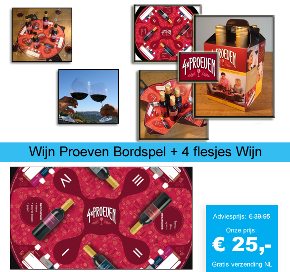 123 Dagaanbieding - Wijn Proeven Bordspel + 4 Flesjes Wijn 123 Dagaanbieding - Wijn Proeven Bordspel + 4 Flesjes Wijn